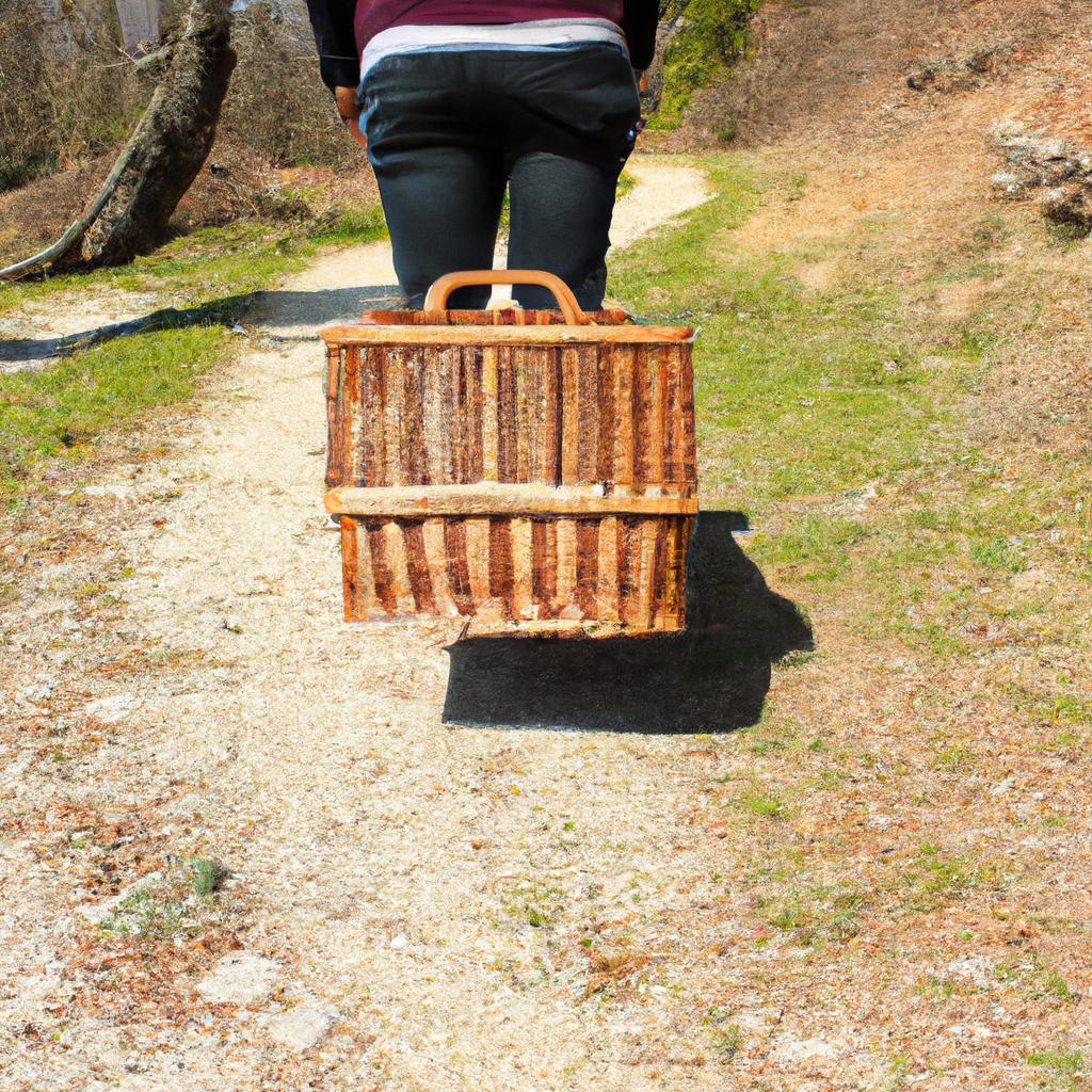 Person hiking with picnic basket